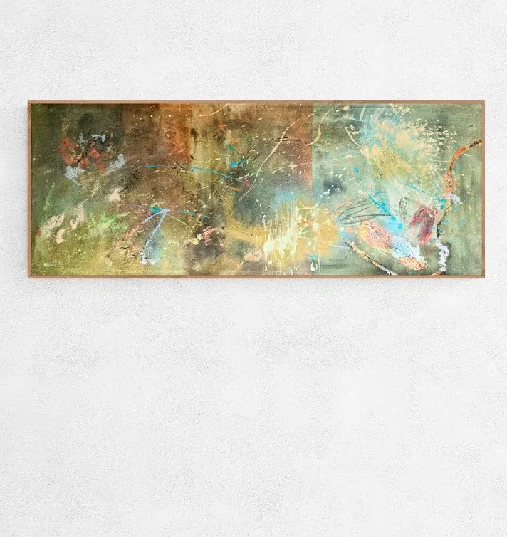 Horizontal abstract painting in muted olive and brown with a burst of gold and coral splatter in the corner