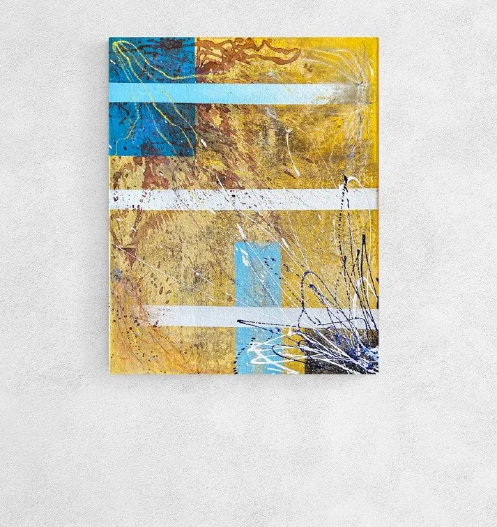 Vertical mustard and gold abstract painting crossed by pale bands with a small teal square near the top
