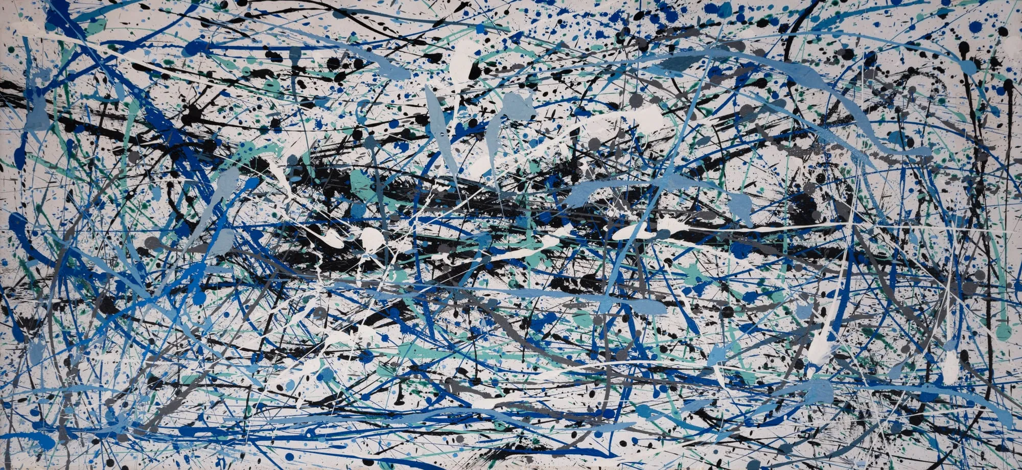 Dense navy and black abstract painting with white and teal drip splatter