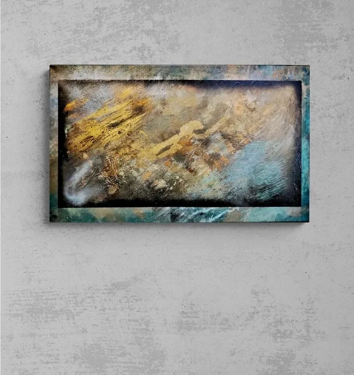 Horizontal abstract painting with a dark border framing a soft grey and gold cloud-like wash