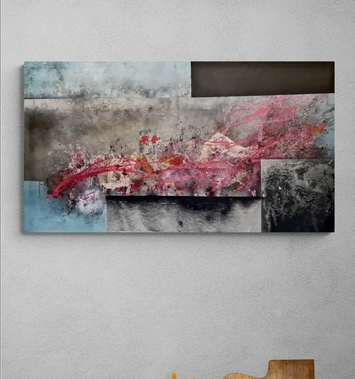 Horizontal grey and black textured abstract painting cut through by a diagonal spray of crimson