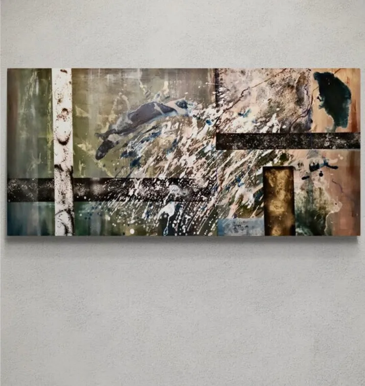 Horizontal olive-toned abstract painting with a dark winged shape drifting through horizontal bands