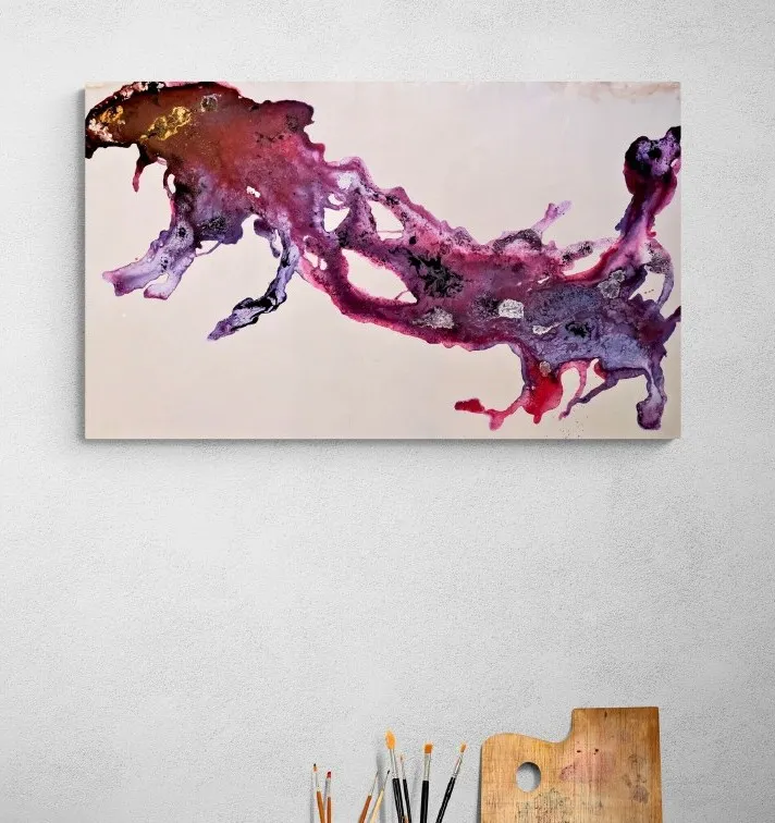 Fluid organic-shaped painting in magenta and burgundy with pale voids running through it