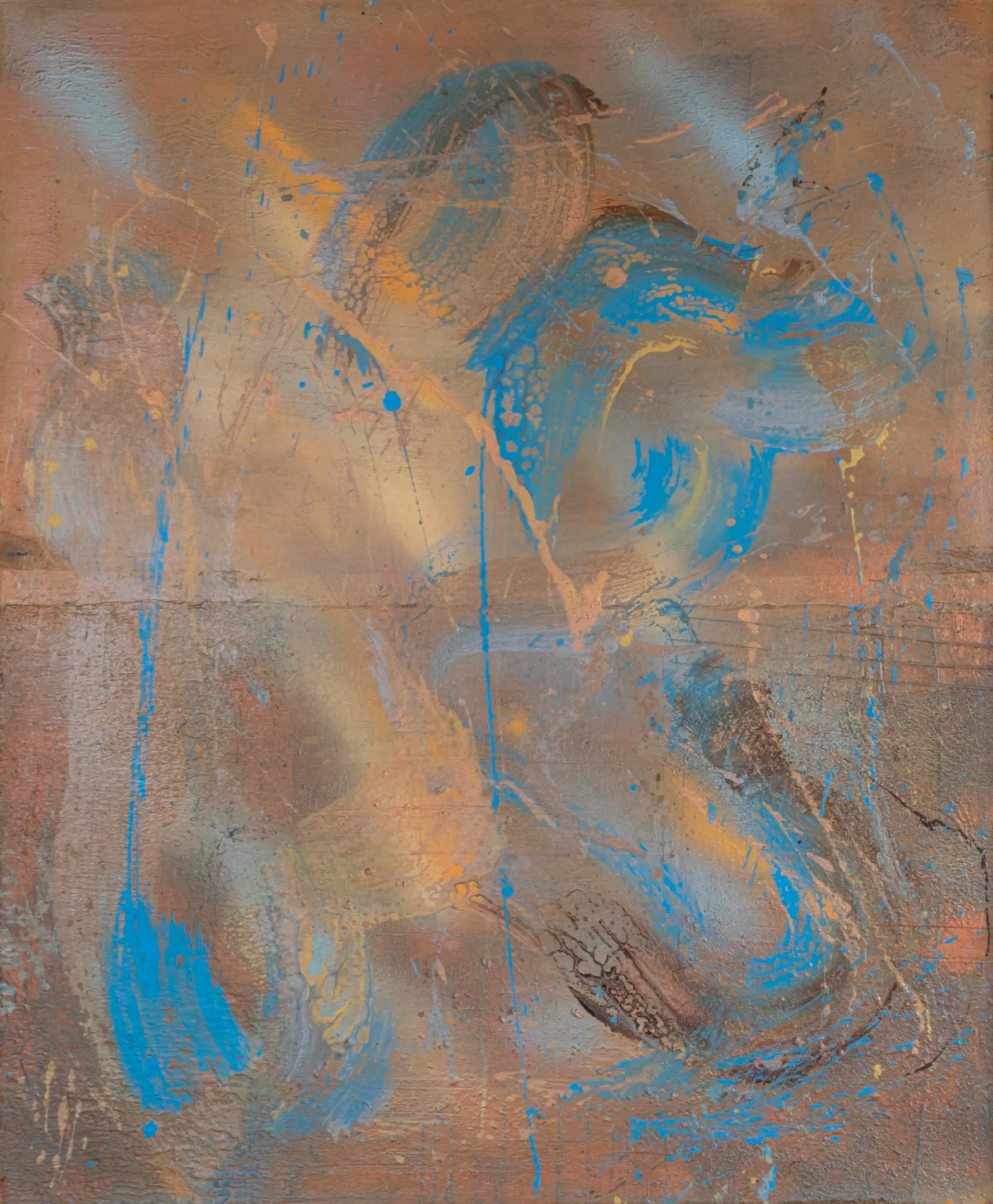 Textured abstract painting in warm rust tones with cobalt strokes