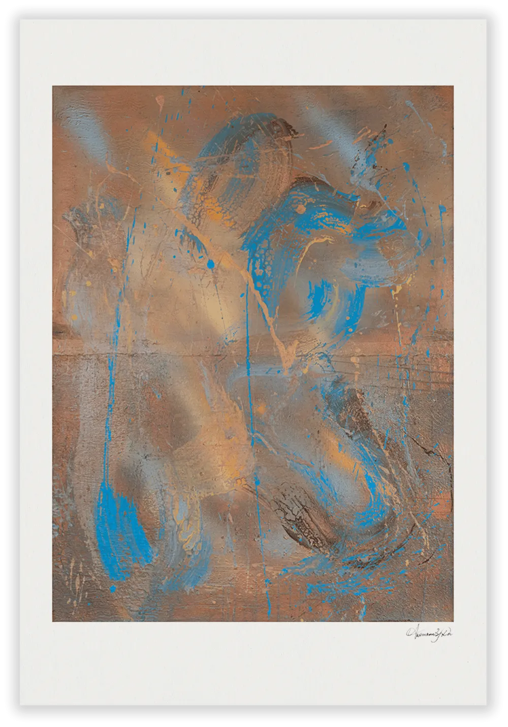 Textured abstract painting in warm rust tones with cobalt strokes