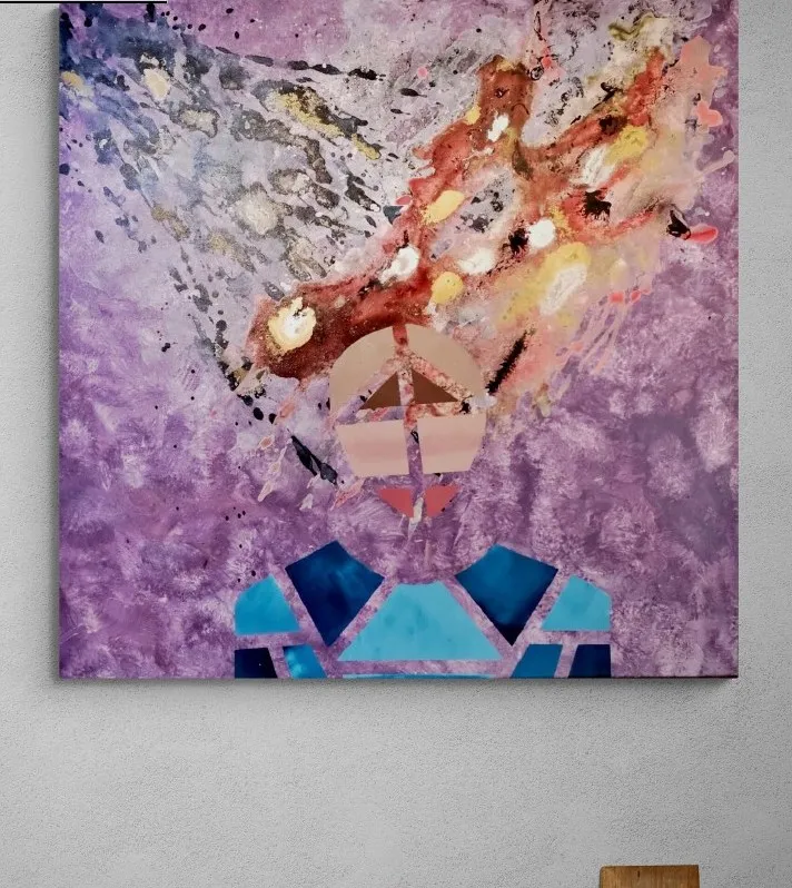 Vertical painting of a geometric peach face under a tangle of rust and gold, collared in blue triangles