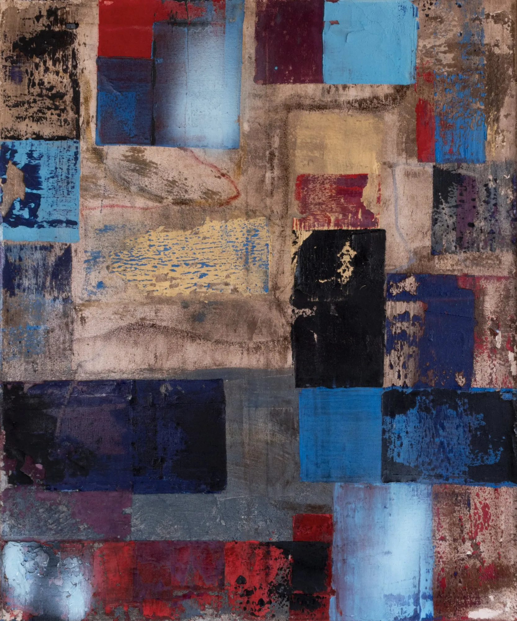 Patchwork abstract painting of aged colour blocks in red, blue, mustard and black, like a weathered city map