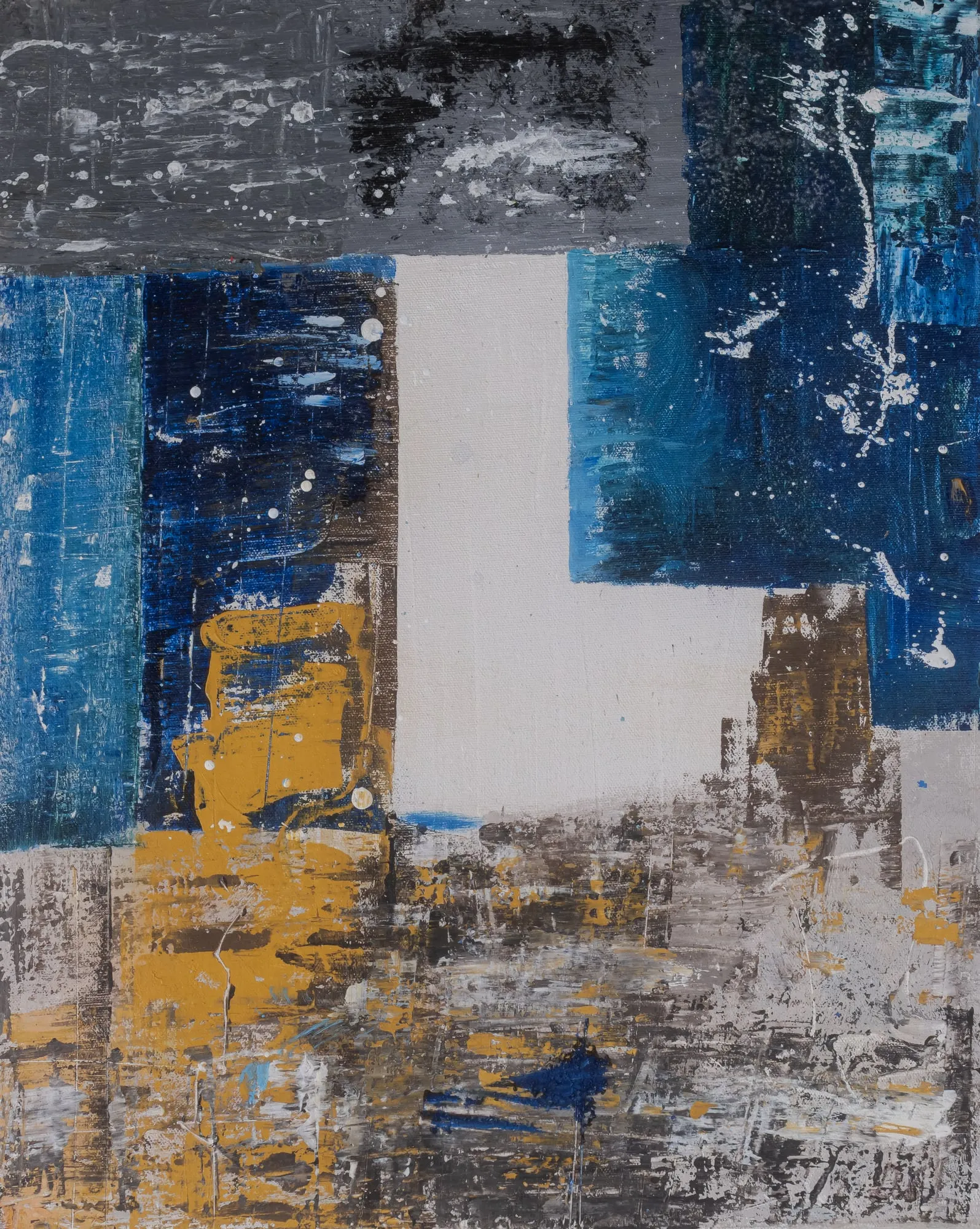 Geometric abstract painting in blocks of navy, teal, mustard and cream, like stacked city facades