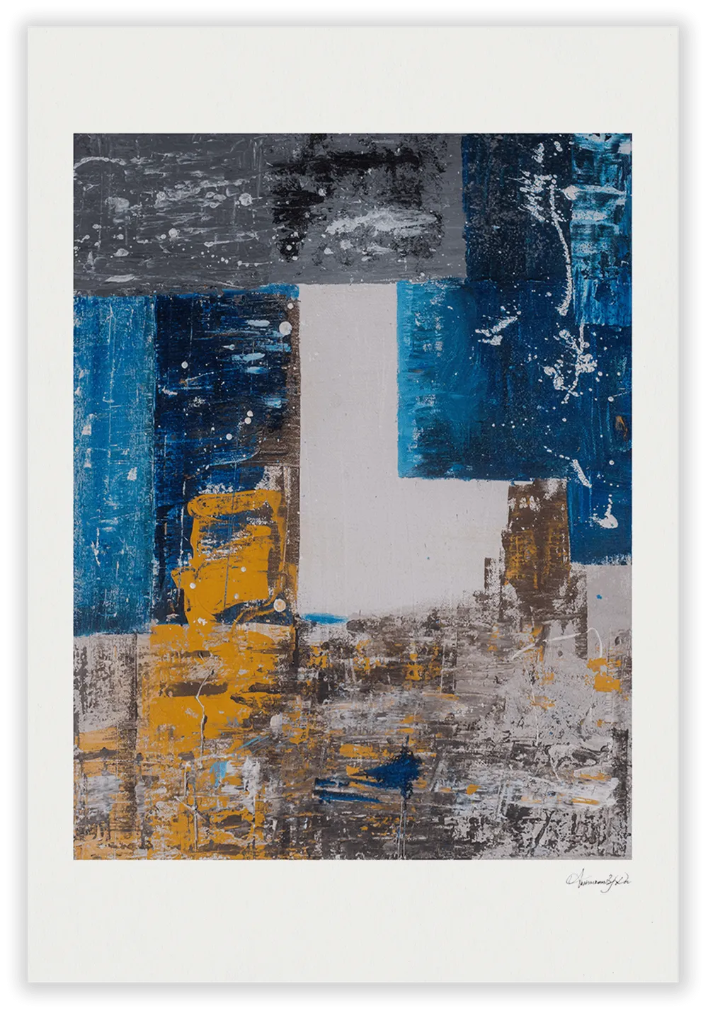 Geometric abstract painting in blocks of navy, teal, mustard and cream, like stacked city facades