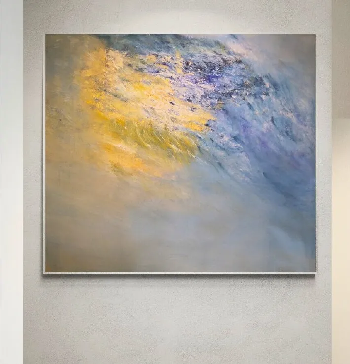 Quiet diagonal wash of gold fading into blue-grey abstract painting