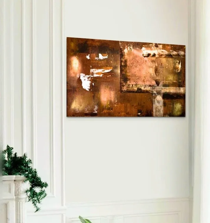Horizontal abstract painting of bronze and rust colour blocks cracked through with white