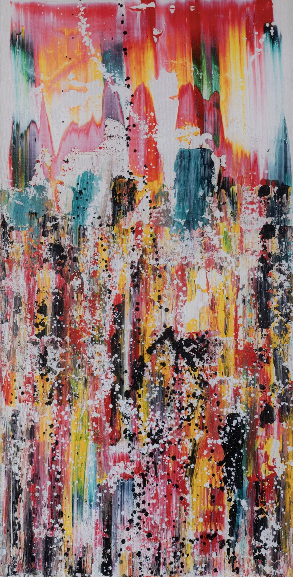 Vertical abstract painting of red, orange and gold streaks pouring down a white ground, spattered with black