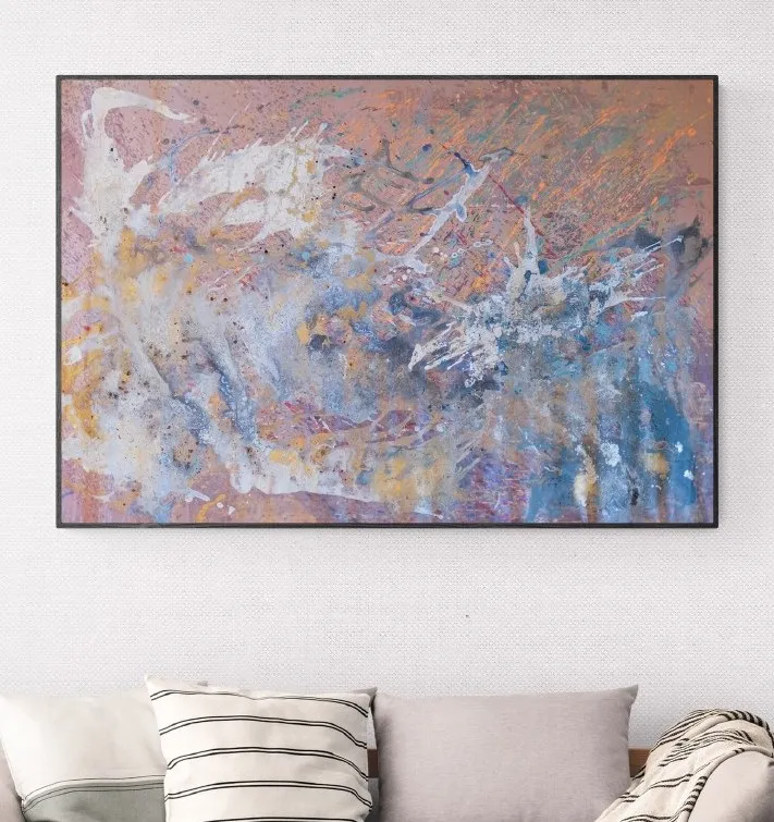Pale coral abstract painting with loose white cloud-like splatter forms drifting through it