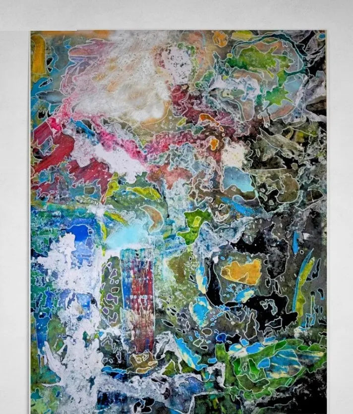 Vertical dense patchwork abstract painting in green, blue, red and gold, outlined like cracked cells