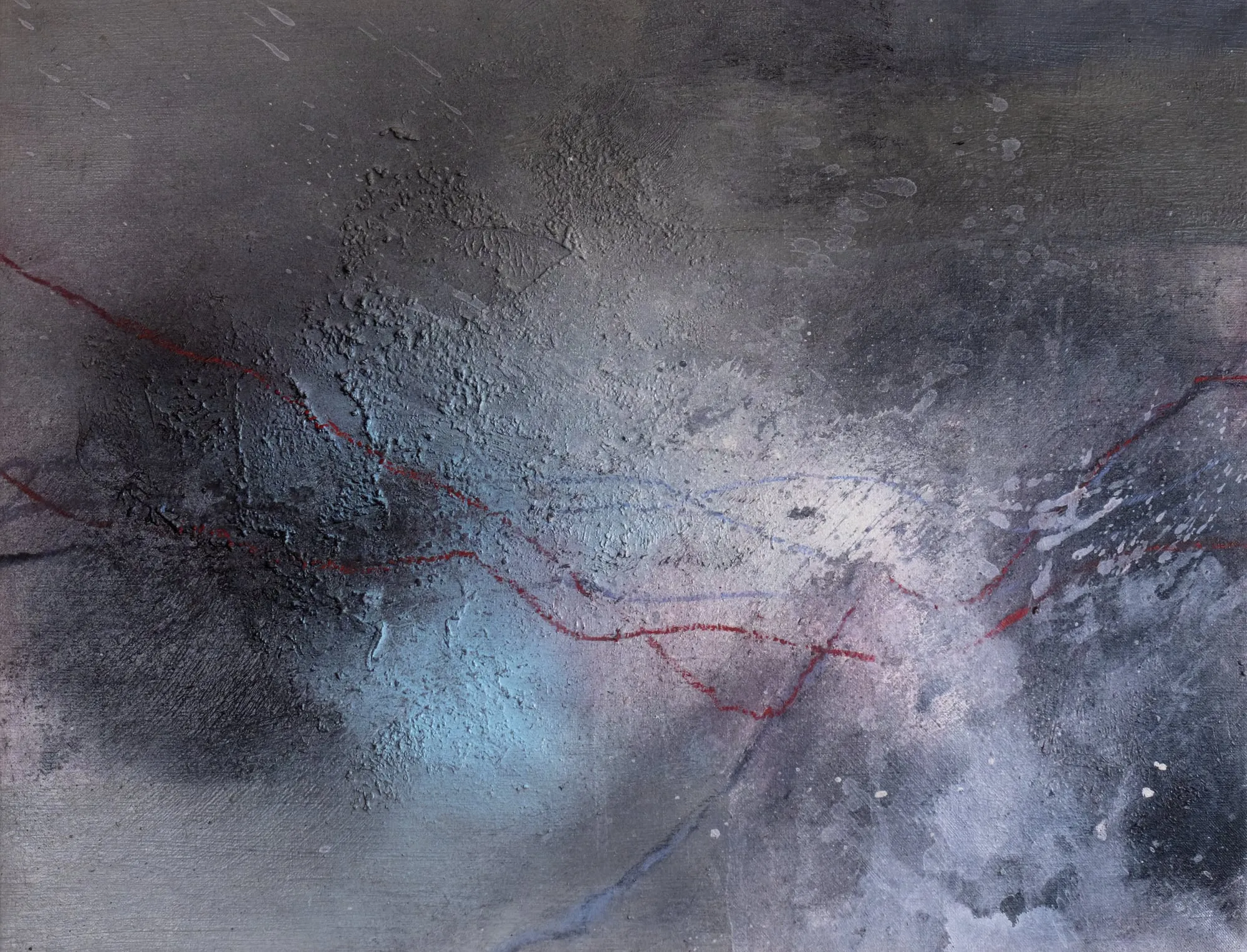 Dark charcoal-grey textured abstract painting crossed by two faint red threads
