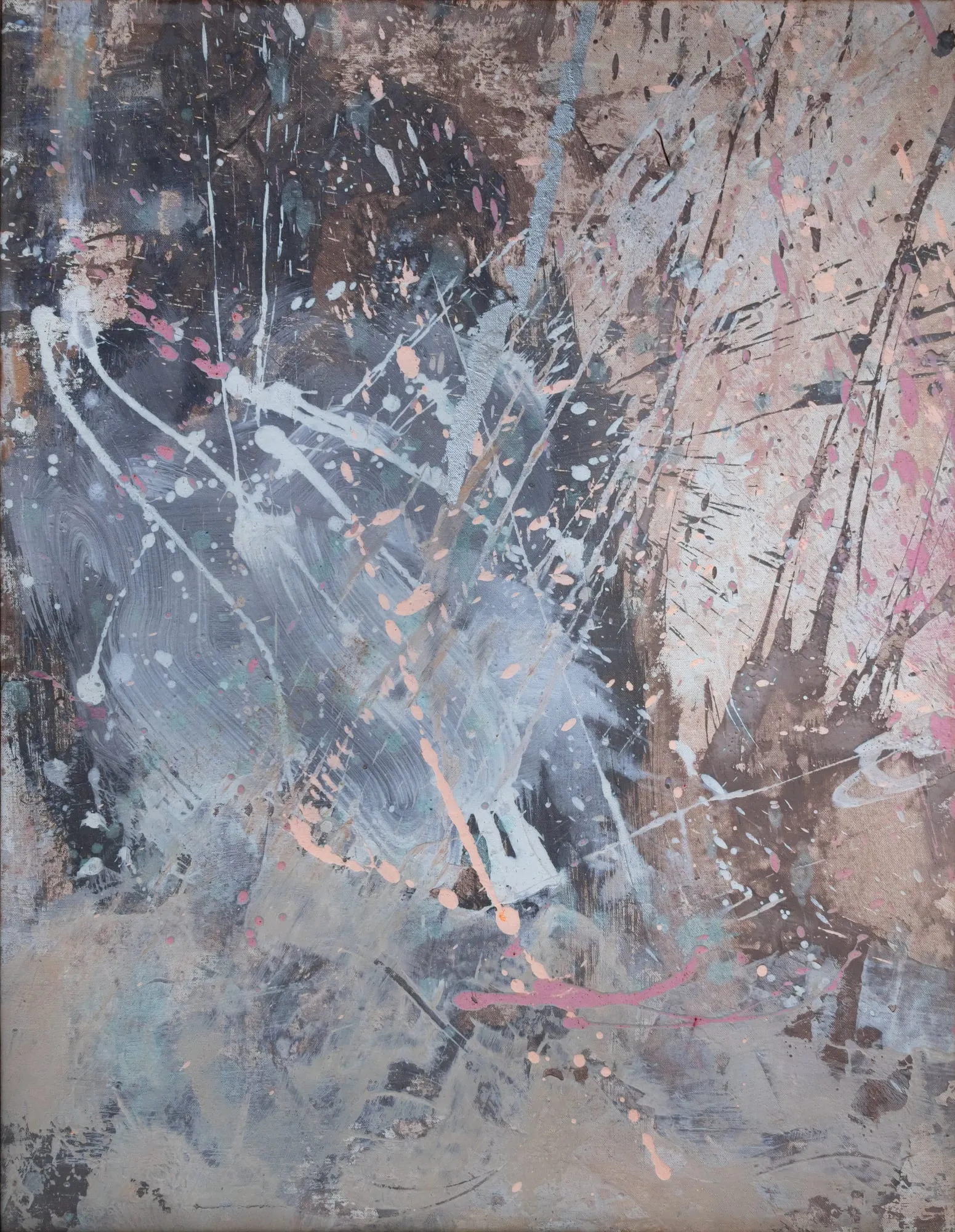 Dark charcoal and navy abstract painting with white and blush drip splatter