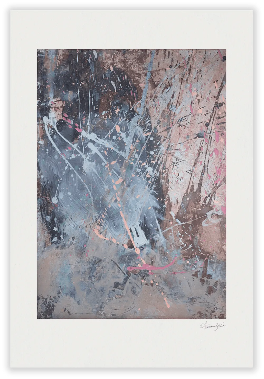 Dark charcoal and navy abstract painting with white and blush drip splatter