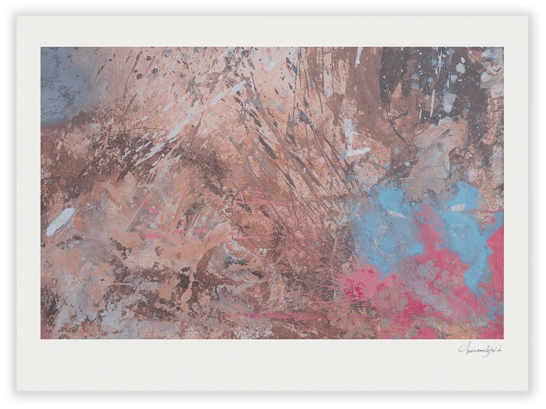Horizontal warm brown and tan splatter painting with a patch of blue and pink in the corner