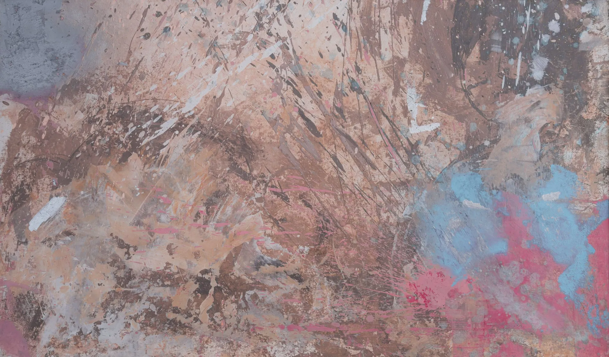 Horizontal warm brown and tan splatter painting with a patch of blue and pink in the corner