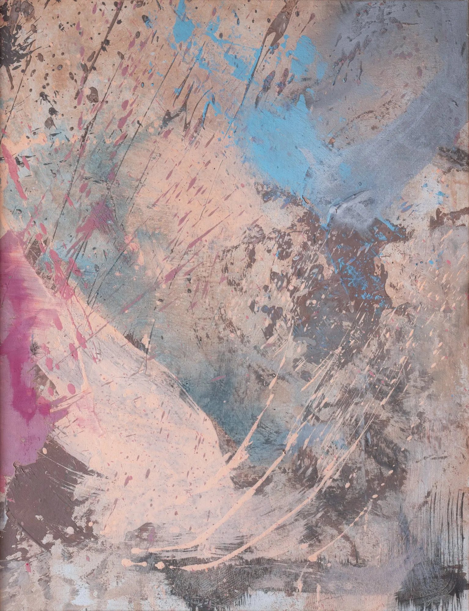 Soft pink, peach and blue drip painting with a magenta wash in the lower corner