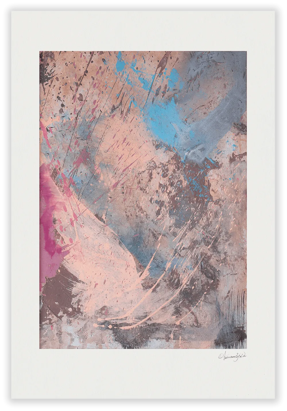Soft pink, peach and blue drip painting with a magenta wash in the lower corner