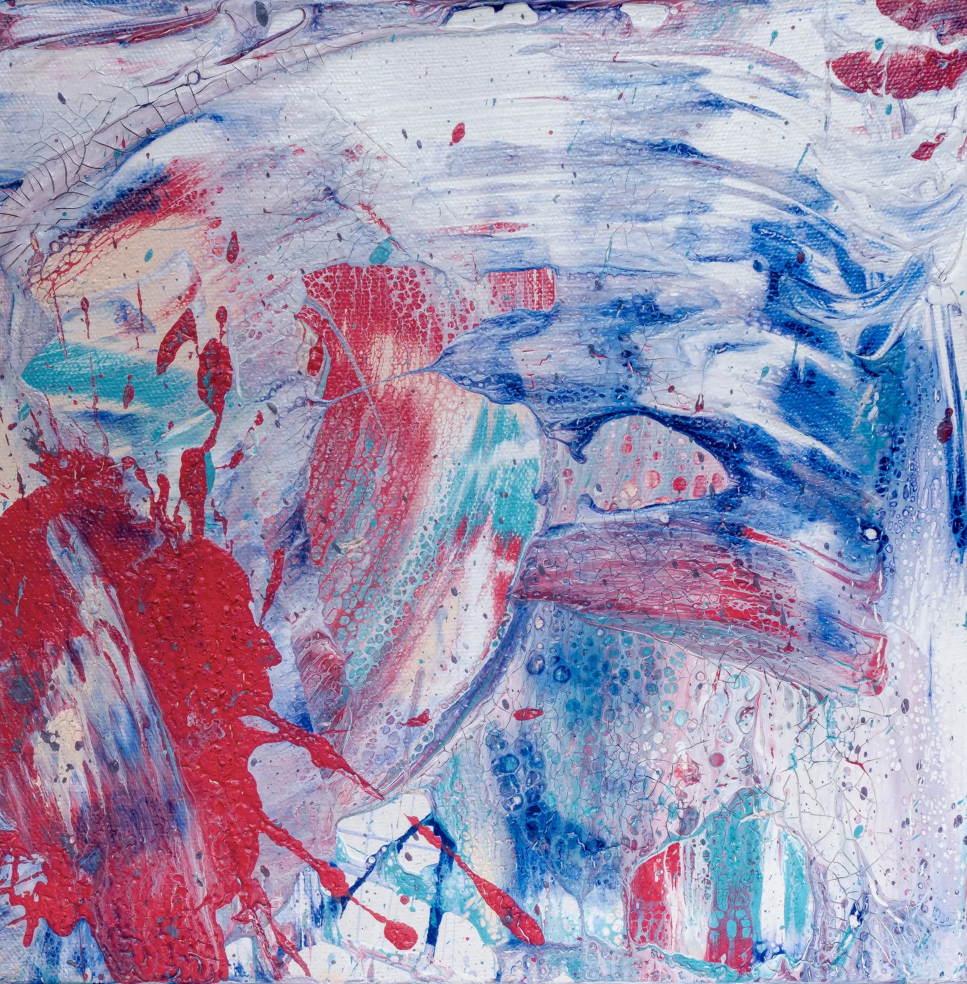 Square crackled marble abstract painting in red, teal and blue