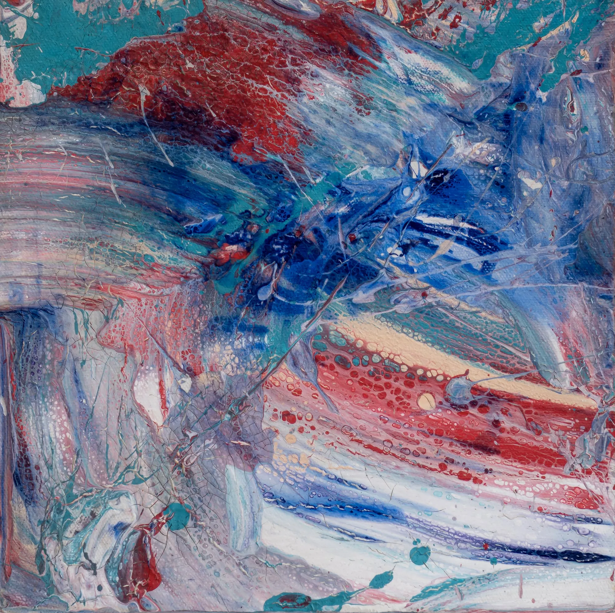 Square crackled abstract painting marbled in blue, teal and red
