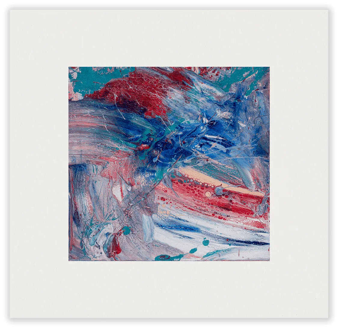 Square crackled abstract painting marbled in blue, teal and red
