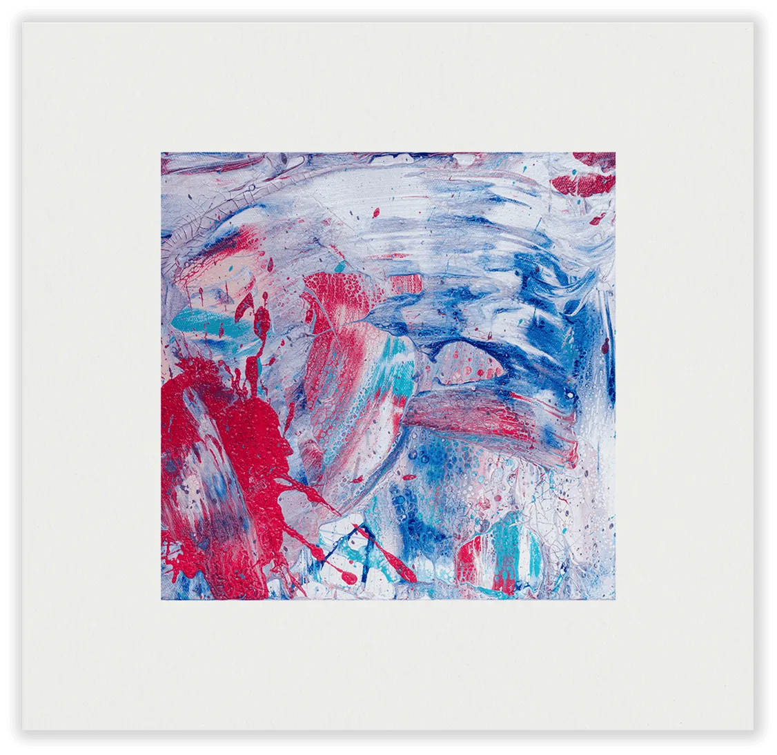 Square crackled marble abstract painting in red, teal and blue