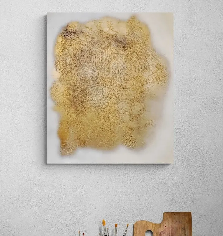 Warm gold abstract painting scored all over with fine crosshatched lines