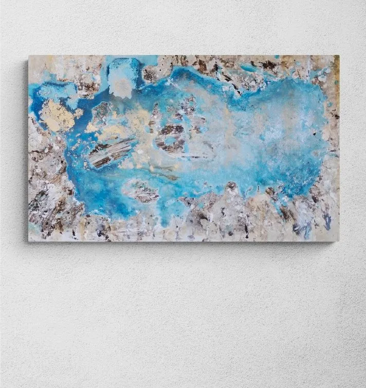 Horizontal abstract painting of a turquoise pool held inside a cracked cream border