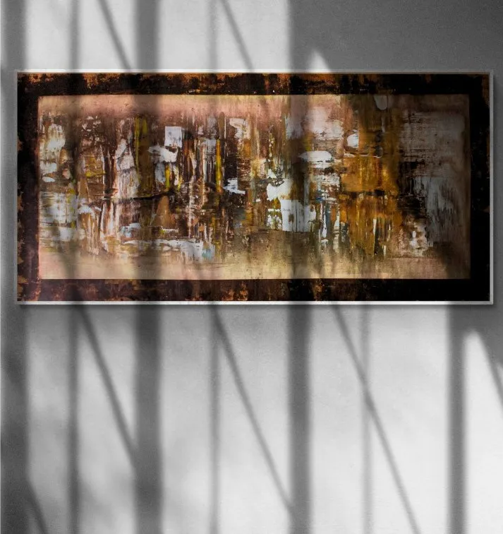 Horizontal abstract painting of rust-brown streaks running down a dark, weathered surface