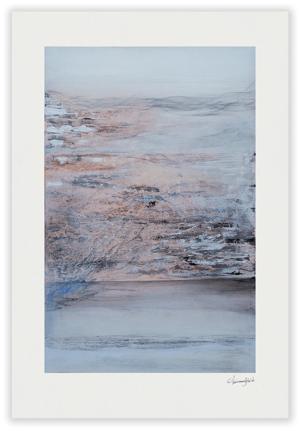 Pale layered landscape painting in blush, grey and blue, horizontal bands like a still valley at dusk