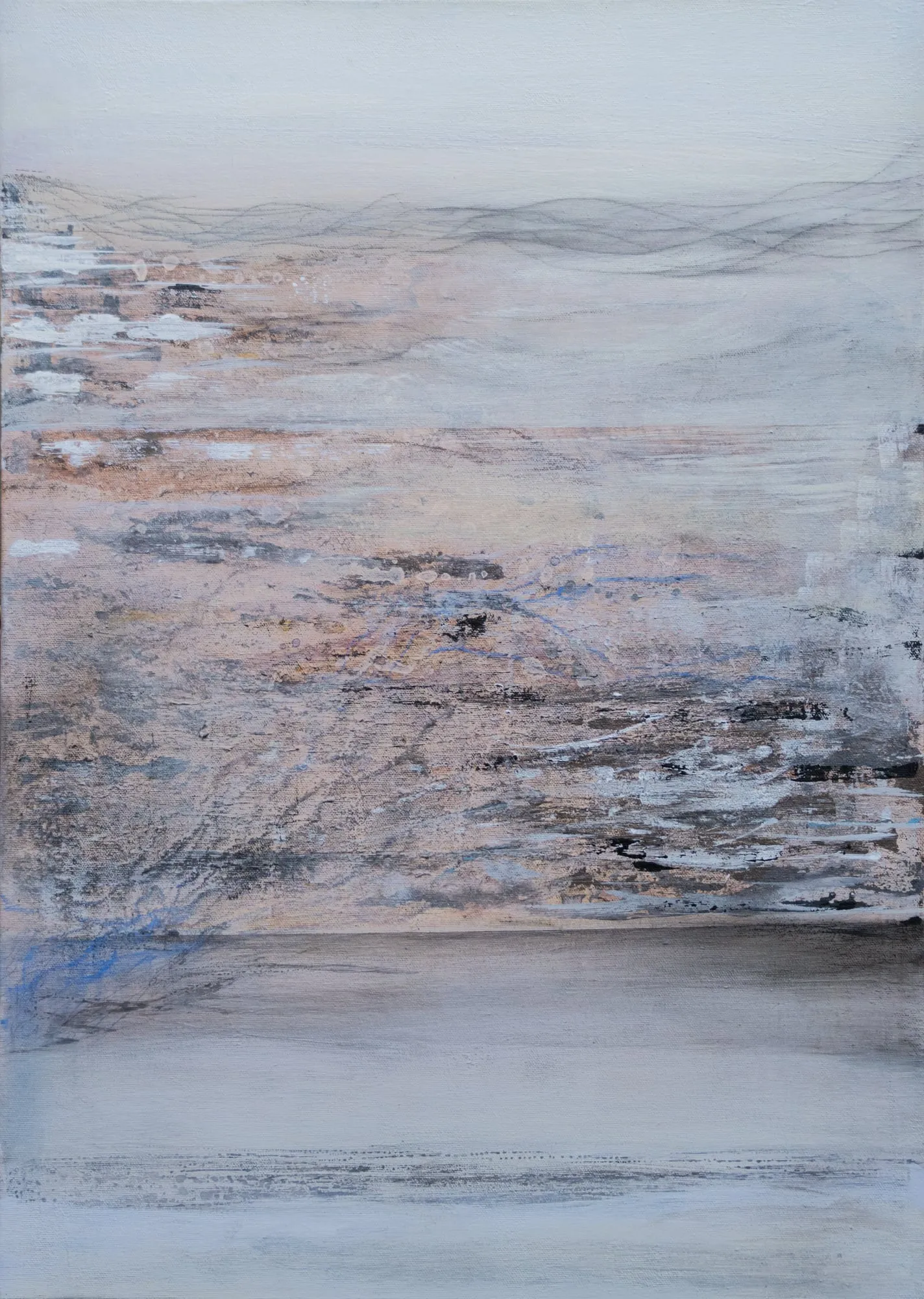 Pale layered landscape painting in blush, grey and blue, horizontal bands like a still valley at dusk